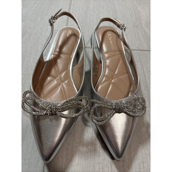 BCBG Kristin Silver Flats 7.5M Slingback Pointed Toe Shoes Rhinestone Bow Dress - Picture 2 of 6